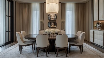 Modern Dining Room Interior with White Chairs and a Crystal Chandelier