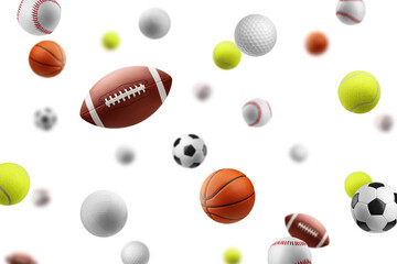 Falling Balls, soccer, football, baseball, basketball, rugby, tennis, golf, isolated on white background, selective focus