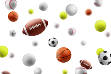 Falling Balls, soccer, football, baseball, basketball, rugby, tennis, golf, isolated on white background, selective focus
