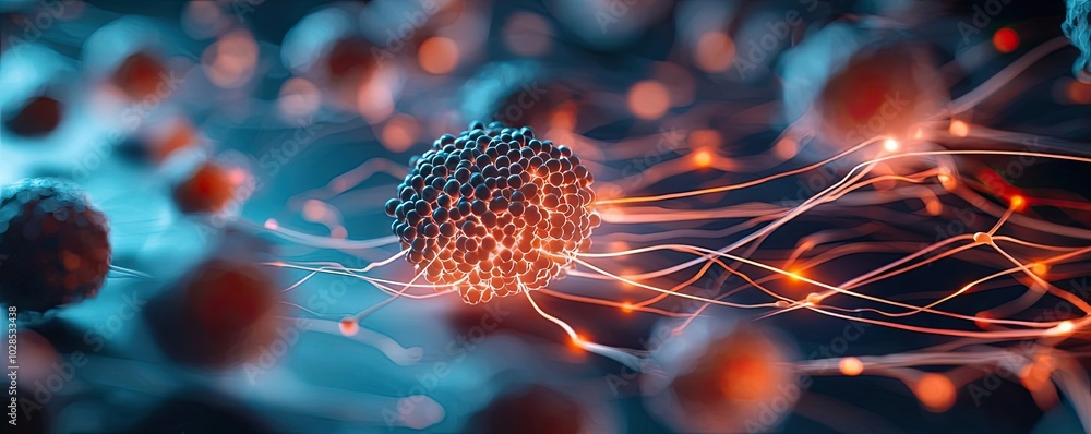 Poster abstract representation of cells and neural connections on a dark background.