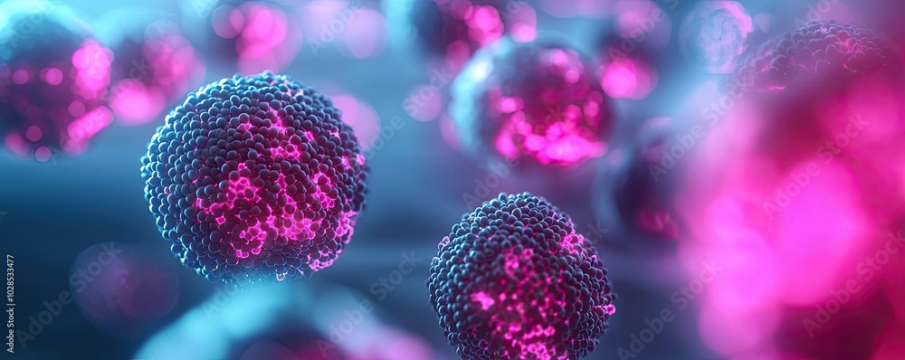 Poster abstract representation of cells with vibrant colors in a microscopic view.