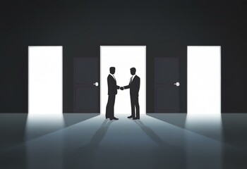 Obraz premium Two men in suits shake hands in a dark room with three doors. One door is open to a bright light.