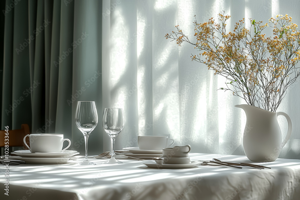 Poster a minimalist dining table set with only the necessary utensils and a simple centerpiece, creating a 