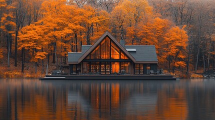 Fototapeta premium Serene Lake House Surrounded by Autumn Colors