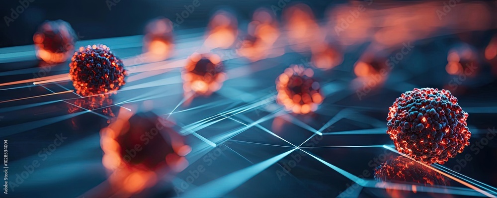 Poster abstract representation of cells in a digital network with glowing elements.
