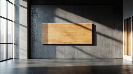 A minimalist gallery showcasing a large wooden panel against a concrete wall.