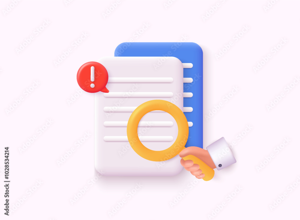 Poster research application elements. finding information with magnifying glass. 3d web vector illustration