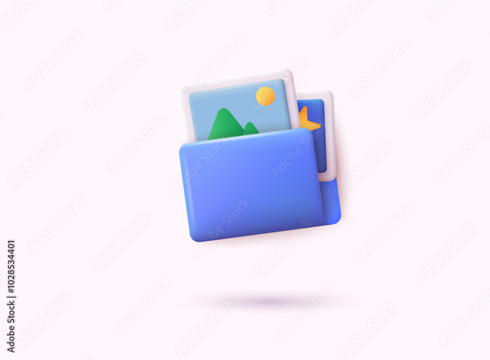 Poster 3d document folder for management multimedia file. 3d vector illustrations.