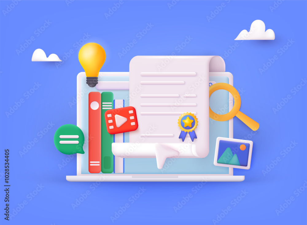 Poster digital platforms concept to educational icons on a computer screen, representing online testing and