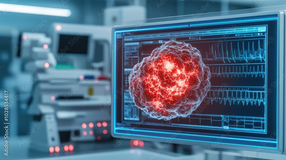 Poster scientific visualization of a molecular structure in a laboratory setting.