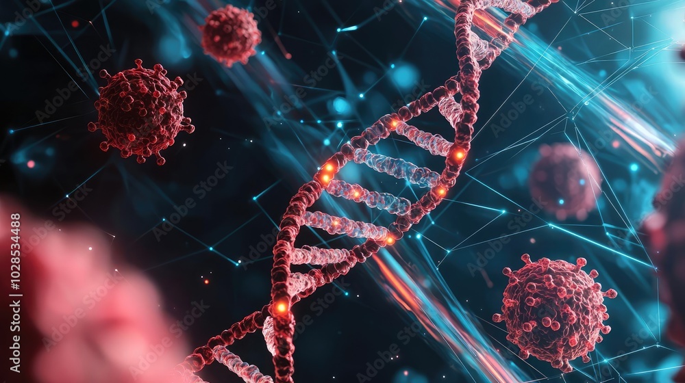 Poster abstract representation of dna strands and viruses in a futuristic environment.