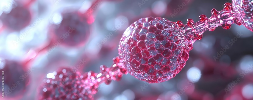 Poster close-up view of pink molecular structures on a soft background.
