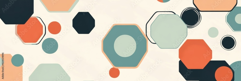 Poster geometric harmony, flat illustration featuring a dynamic pattern of hexagons and circles in contempo
