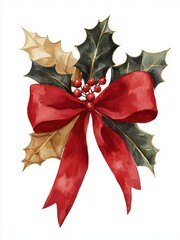 A festive arrangement of holly leaves and berries adorned with a red ribbon, perfect for Christmas celebrations and decorations.