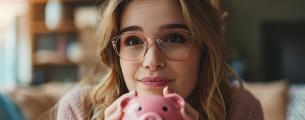 A young woman with glasses holds a pink piggy bank while thoughtfully considering her finances, reflecting the concepts of budgeting, saving money, and personal financial planning