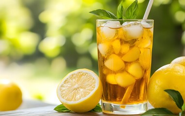 Refreshing iced tea with lemon and mint, served in a glass filled with ice, perfect for hot summer days.
