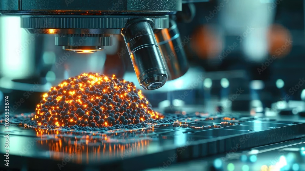 Poster close-up of glowing particles under a microscope on a laboratory surface.