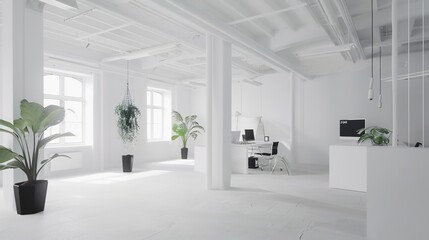 A modern office layout showcasing multiple workstations with sleek white tables and gray upholstered booth seating, designed for a contemporary and efficient work environment