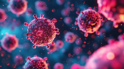 Colorful virus particles on a microscopic scale, vibrant abstract background