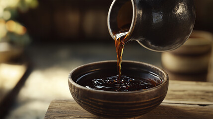Illustration of black vinegar poured into a traditional Japanese bowl.