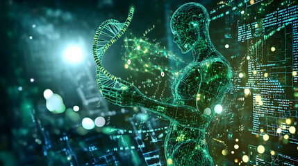 Cybernetic Figure in Motion with Digital Art Elements