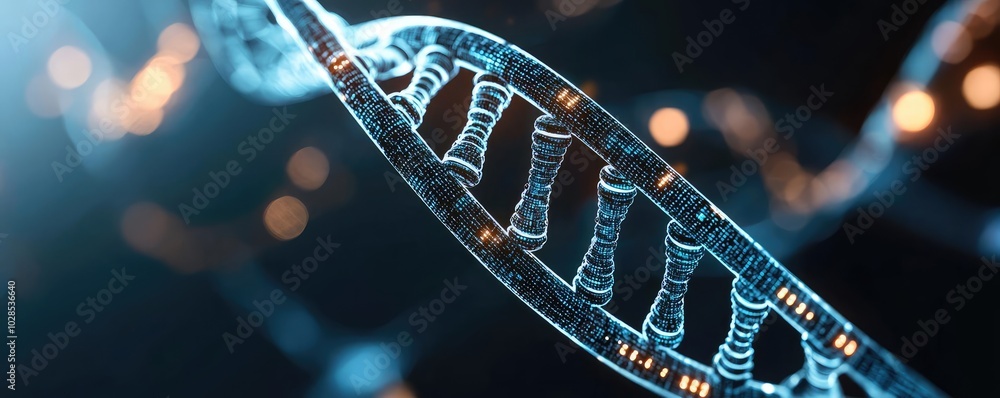 Poster close-up view of a dna strand with glowing elements on a dark background.