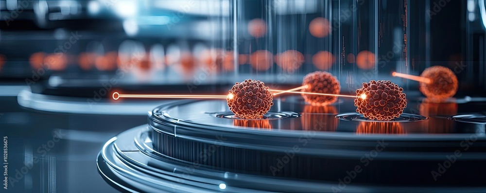 Poster microscopic view of cells with laser interaction in a futuristic lab setting.