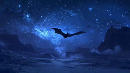 Fototapeta premium A bat flying across a vast desert under a starry night sky.