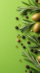Fototapeta premium Fresh Rosemary and Black Peppercorns on Green Background