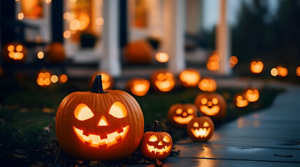 Fototapeta premium Halloween Pumpkins Lit Up in Front of a House