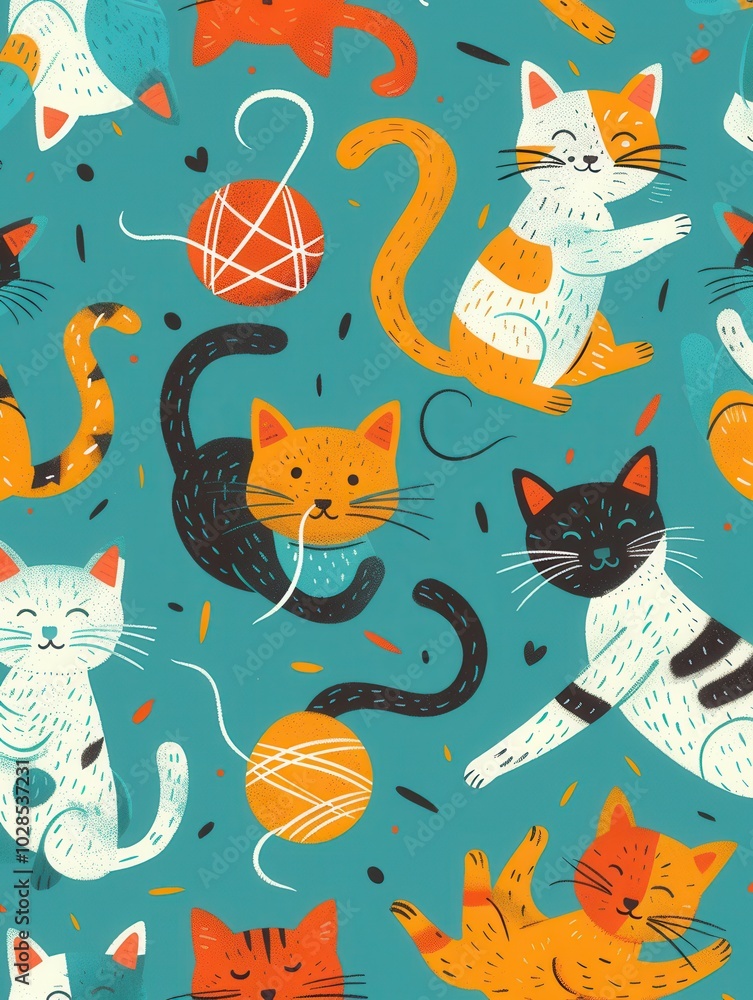 Poster a vibrant setting filled with playful cats engaging with yarn and toys, showcasing their joyful anti