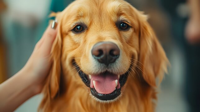 A happy golden retriever dog being petted, showcasing its friendly nature and bright smile in a social environment.