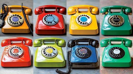 Vintage Rotary Dial Phones Collection  Retro Communication Technology  Colorful Retro Phones  Classic Landline Phones