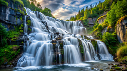 Obraz premium Starry Night with Shooting Stars and Luminous Moon. Perfect for: Night festivals, Astronomical events, Outdoor retreats