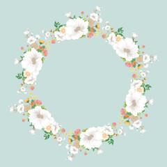 delicate flower wreath,round blooming flower,pastel background. feminine template for invitations,celebration,banner,love concept