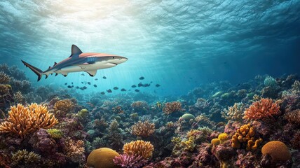 Obraz premium A lone shark swims over a vibrant coral reef, bathed in sunlight.