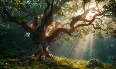 Ancient tree with gnarled branches in a mystical forest, 4K hyperrealistic photo