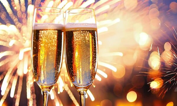 two glasses champagne on new year firework background animation