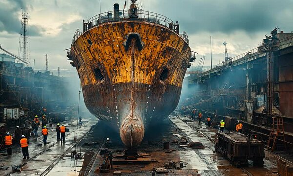 A large, rusted ship in a shipyard with workers in orange vests.