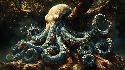 A large octopus with blue and brown tentacles sits on a tree trunk with a dark, green, and brown forest background.