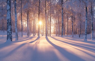 Beautiful winter landscape with snow-covered birch trees in the sunset light, sun rays shining through the tree trunks casting long shadows on the snowy ground, a peaceful nature scene
