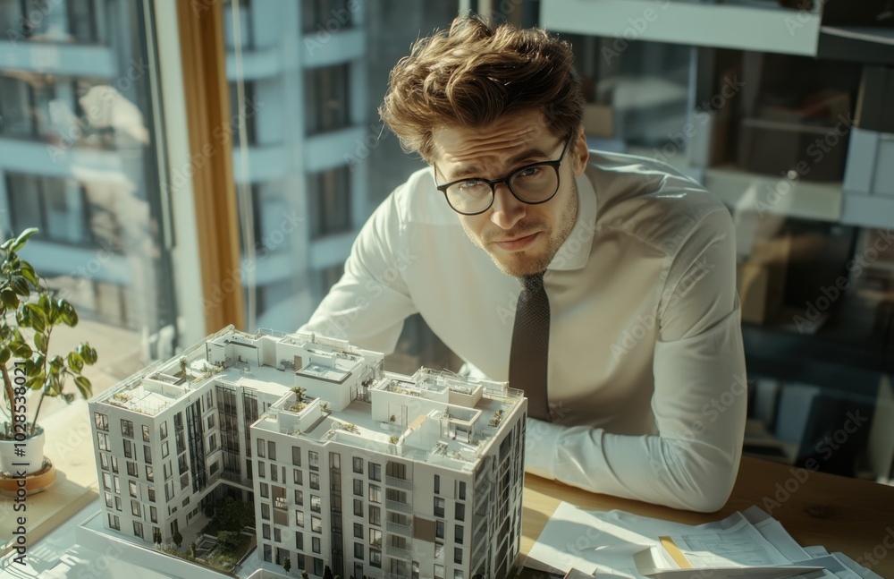 Poster a young architect is in an office working on a project for an apartment building, with architectural