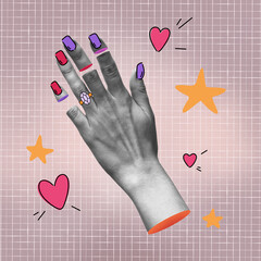 a black and white hand showing an engagement ring. on a beige background with doodle hearts....