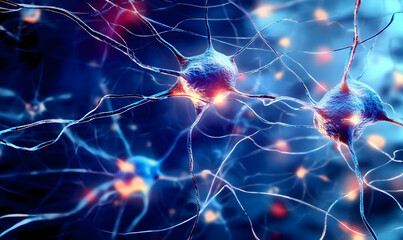 Glowing Neurons on Blue Background with Lights