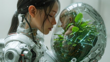 Futuristic Guardian of Nature, android nurturing translucent baby plants, symbolizes a visionary commitment to environmental protection and sustainability.
