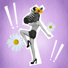 Fototapeta premium the body of a slender, beautiful dancing girl with a zebra head. on a lilac background with daisies. collage poster