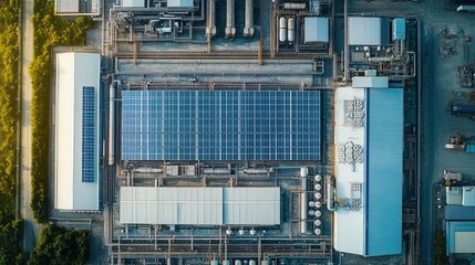 Bird's-Eye View of a State-of-the-Art Factory Featuring Solar Panels on its Roof 