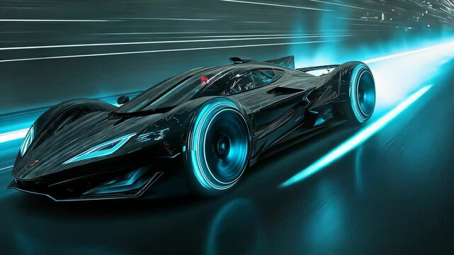 A sleek, black sports car races down a futuristic road, leaving a glowing blue trail in its wake