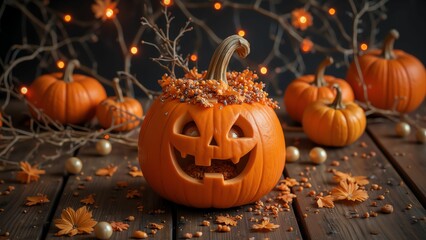 Spooky Jack-o'-Lantern Surrounded by Autumn Decor and Magical Sparkles For Halloween