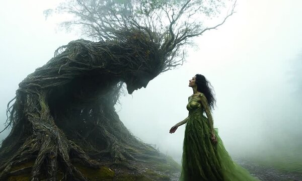 A mystical encounter between a woman and a tree spirit in fog.